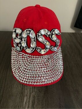 Authentic-Mr. Song Millinery Red Crystal-Embellished Baseball Cap
